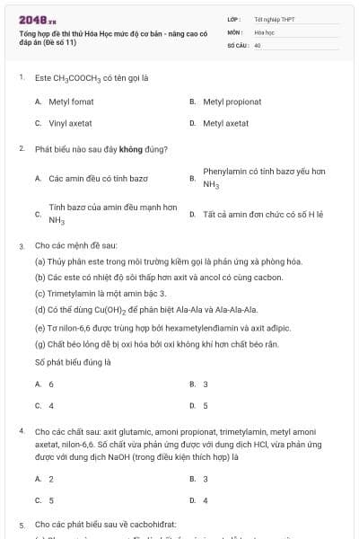 Tổng hợp đề thi thử Hóa Học mức độ cơ bản - nâng cao có đáp án (Đề số 11)