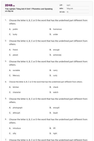 Trắc nghiệm Tiếng Anh 8 Unit 1 Phonetics and Speaking có đáp án