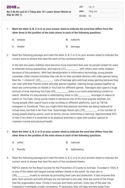 Bộ 3 đề thi cuối kì 2 Tiếng Anh 10 i-Learn Smart World có đáp án (Đề 1)
