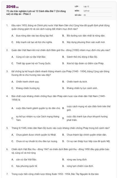 72 câu trắc nghiệm Lịch sử 12 Cánh diều Bài 7 (Có đúng sai) có đáp án - Phần 2