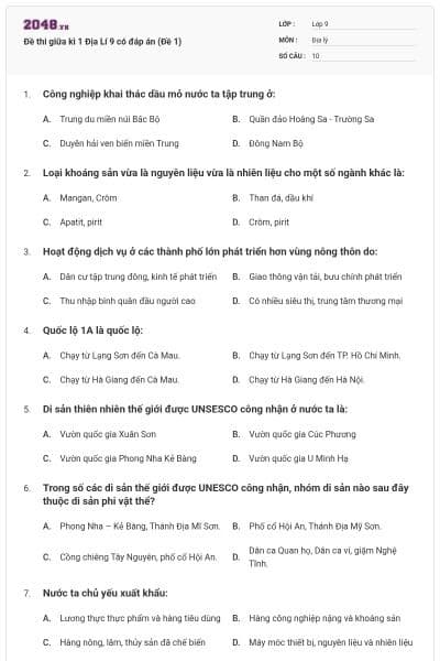Đề thi giữa kì 1 Địa Lí 9 có đáp án (Đề 1)