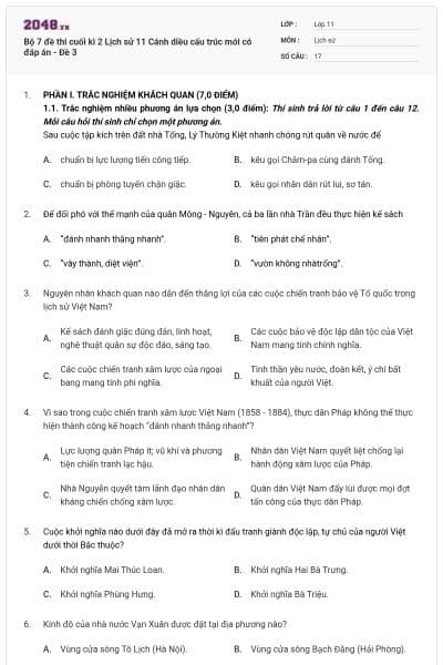 Bộ 7 đề thi cuối kì 2 Lịch sử 11 Cánh diều cấu trúc mới có đáp án - Đề 3