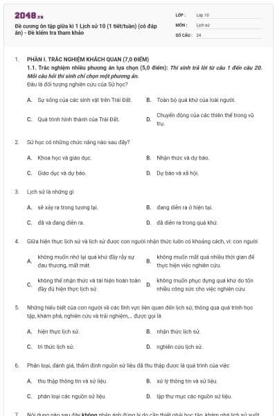 Đề cương ôn tập giữa kì 1 Lịch sử 10 (1 tiết/tuần) (có đáp án) - Đề kiểm tra tham khảo