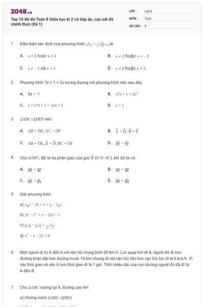 Top 10 Đề thi Toán 8 Giữa học kì 2 có đáp án, cực sát đề chính thức (Đề 1)
