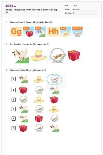 Bài tập Tiếng anh lớp 3 Unit 4 Lession 4. Phonics có đáp án