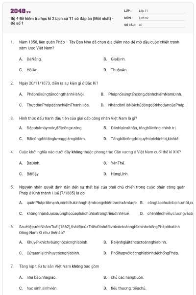 Bộ 4 Đề kiểm tra học kì 2 Lịch sử 11 có đáp án (Mới nhất) - Đề số 1
