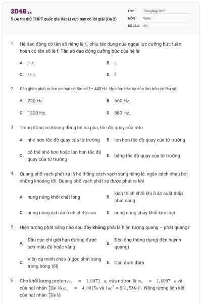 5 Đề thi thử THPT quốc gia Vật Lí cực hay có lời giải (Đề 2)