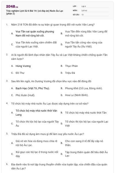 Trắc nghiệm Lịch Sử 6 Bài 14: (có đáp án) Nước Âu Lạc (phần 2)