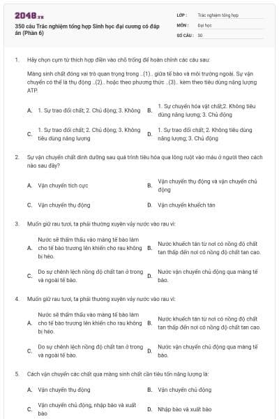 350 câu Trắc nghiệm tổng hợp Sinh học đại cương có đáp án (Phần 6)