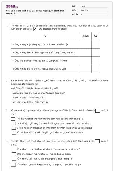 Giải VBT Tiếng Việt 4 CD Bài đọc 2: Một người chính trực có đáp án