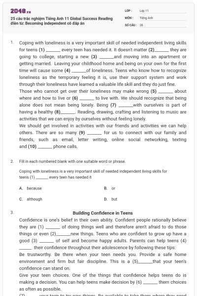 25 câu trắc nghiệm Tiếng Anh 11 Global Success Reading điền từ: Becoming independent có đáp án
