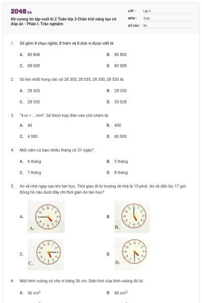 Đề cương ôn tập cuối kì 2 Toán lớp 3 Chân trời sáng tạo có đáp án - Phần I. Trắc nghiệm