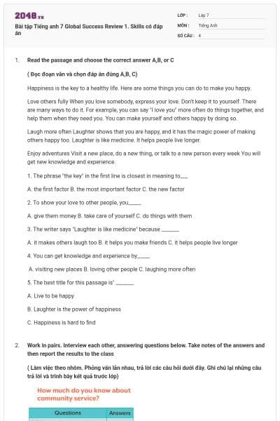 Bài tập Tiếng anh 7 Global Success Review 1. Skills có đáp án