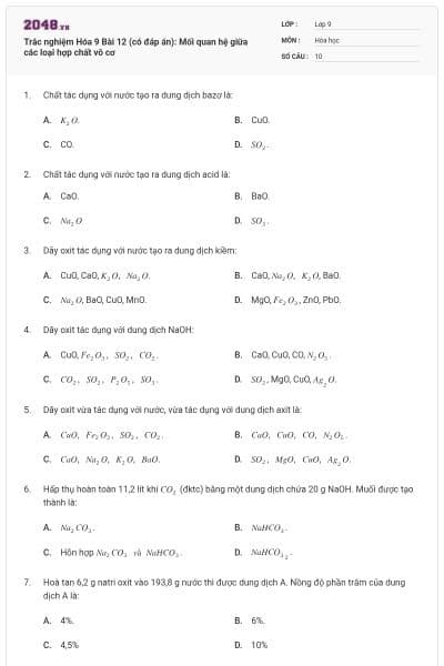 Trắc nghiệm Hóa 9 Bài 12 (có đáp án): Mối quan hệ giữa các loại hợp chất vô cơ