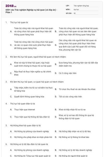 600+ câu Trắc nghiệm Nghiệp vụ hải quan (có đáp án) - Phần 1