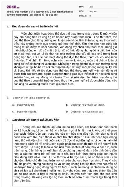 10 câu trắc nghiệm Viết đoạn văn nêu ý kiến tán thành một sự việc, hiện tượng (Bài viết số 1) (có đáp án)