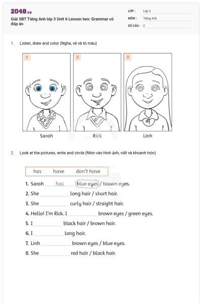 Giải SBT Tiếng Anh lớp 3 Unit 6 Lesson two: Grammar có đáp án