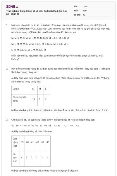 Trắc nghiệm Bảng thống kê và biểu đồ tranh lớp 6 (có đáp án - phần 1)