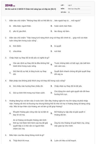 Đề thi cuối kì 2 GDCD 9 Chân trời sáng tạo có đáp án (Đề 4)