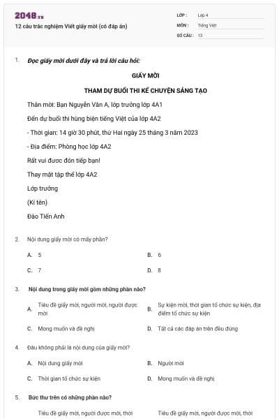 12 câu trắc nghiệm Viết giấy mời (có đáp án)
