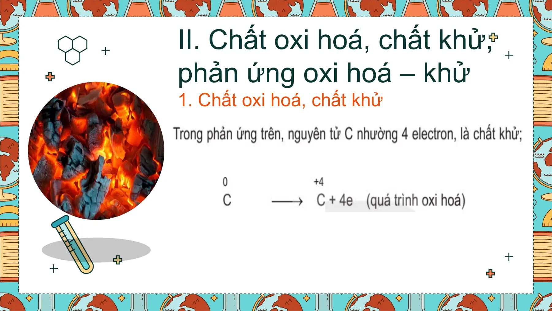 II. Chất oxi hoá, chất khử,
phản ứng oxi hoá – khử
1. Chất oxi hoá, chất khử