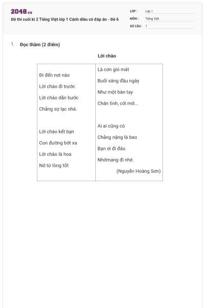 Đề thi cuối kì 2 Tiếng Việt lớp 1 Cánh diều có đáp án - Đề 6