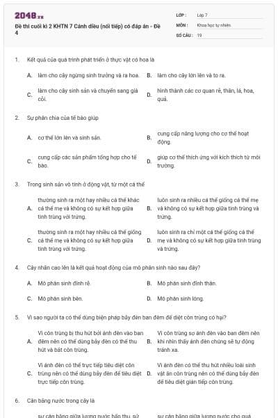 Đề thi cuối kì 2 KHTN 7 Cánh diều (nối tiếp) có đáp án - Đề 4