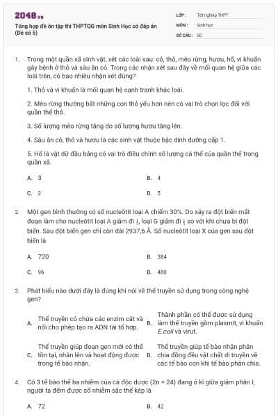 Tổng hợp đề ôn tập thi THPTQG môn Sinh Học có đáp án (Đề số 5)