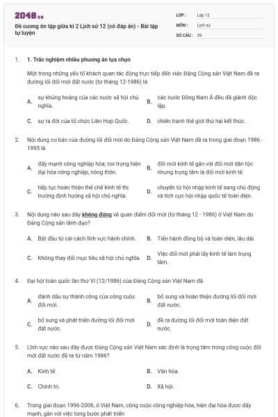 Đề cương ôn tập giữa kì 2 Lịch sử 12 (có đáp án) - Bài tập tự luyện
