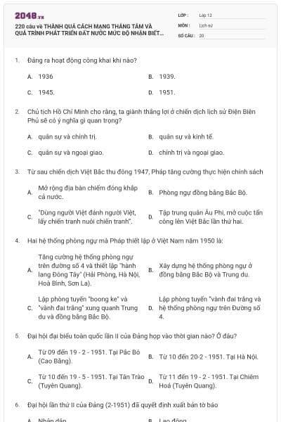 220 câu về THÀNH QUẢ CÁCH MẠNG THÁNG TÁM VÀ QUÁ TRÌNH PHÁT TRIỂN ĐẤT NƯỚC MỨC ĐỘ NHẬN BIẾT (P3)