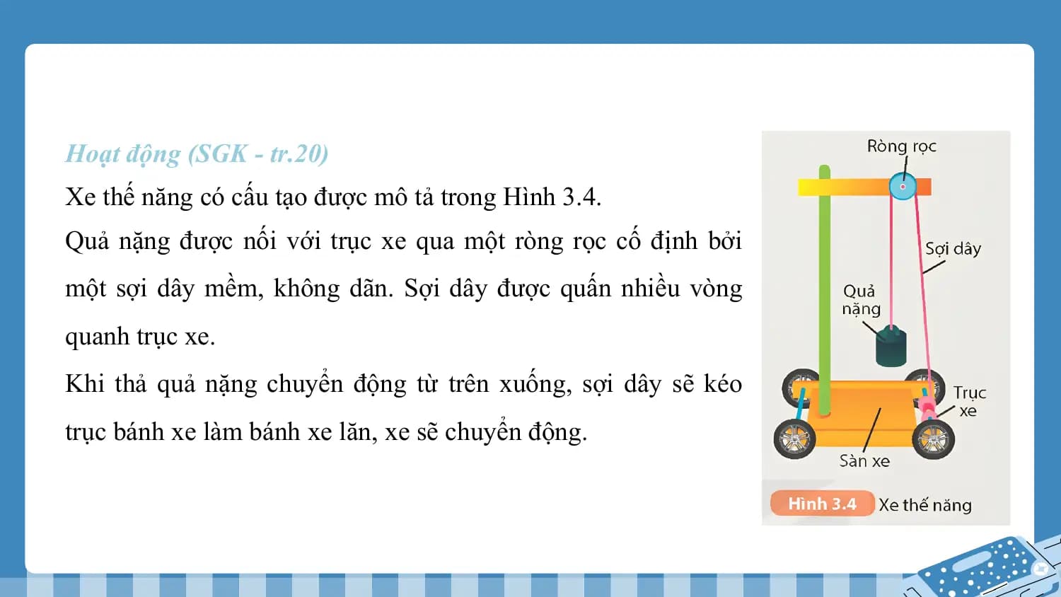 Hoạt động (SGK - tr.20)
Xe thế năng có cấu tạo được mô tả trong Hình 3.4.
Quả nặng được nối với trục xe qua một ròng rọc cố định bởi
một sợi dây mềm, không dãn. Sợi dây được quấn nhiều vòng
quanh trục xe.
Khi thả quả nặng chuyển động từ trên xuống, sợi dây sẽ kéo
trục bánh xe làm bánh xe lăn, xe sẽ chuyển động.