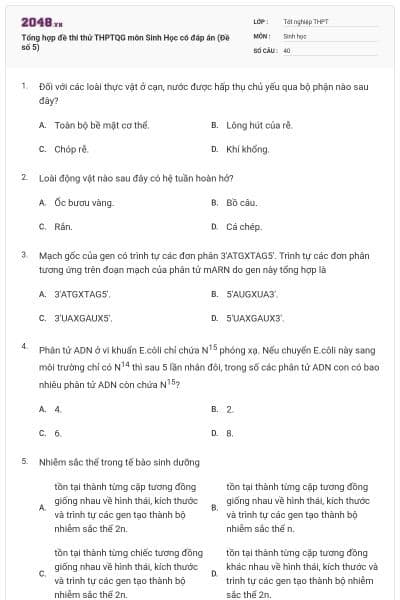 Tổng hợp đề thi thử THPTQG môn Sinh Học có đáp án (Đề số 5)