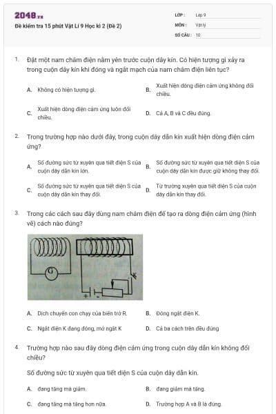 Đề kiểm tra 15 phút Vật Lí 9 Học kì 2 (Đề 2)