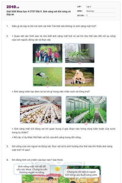 Giải SGK Khoa học 4 CTST Bài 9. Ánh sáng với đời sống có đáp án