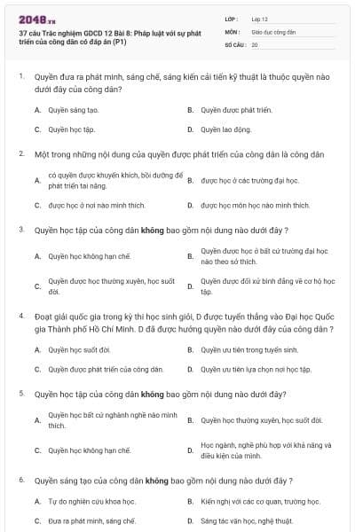 37 câu Trắc nghiệm GDCD 12 Bài 8: Pháp luật với sự phát triển của công dân có đáp án (P1)