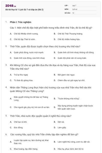 Đề thi Học kì 1 Lịch Sử 7 có đáp án (Đề 2)