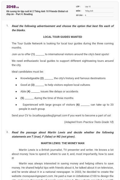 Đề cương ôn tập cuối kì 2 Tiếng Anh 10 Friends Global có đáp án - Part 4: Reading