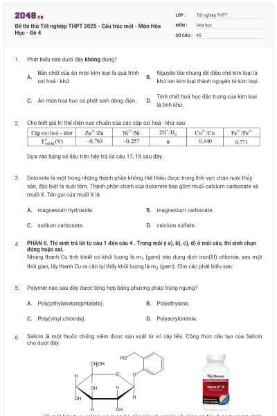 Đề thi thử Tốt nghiệp THPT 2025 - Cấu trúc mới - Môn Hóa Học - Đề 4