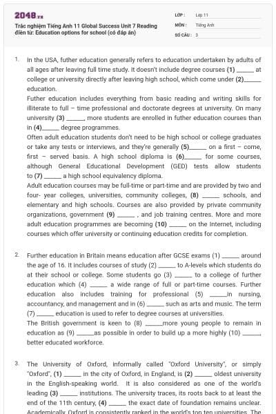 Trắc nghiệm Tiếng Anh 11 Global Success Unit 7 Reading điền từ: Education options for school (có đáp án)
