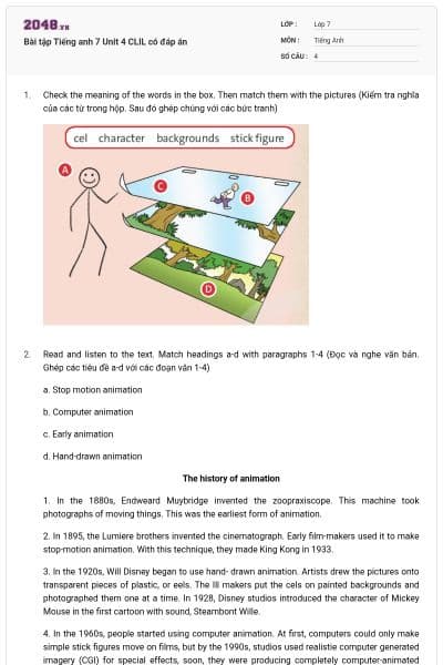 Bài tập Tiếng anh 7 Unit 4 CLIL có đáp án
