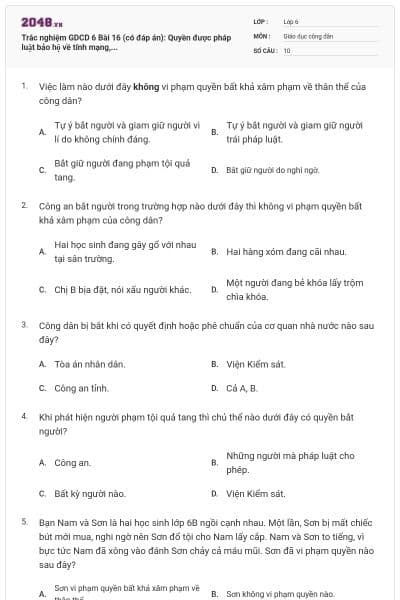 Trắc nghiệm GDCD 6 Bài 16 (có đáp án): Quyền được pháp luật bảo hộ về tính mạng,...