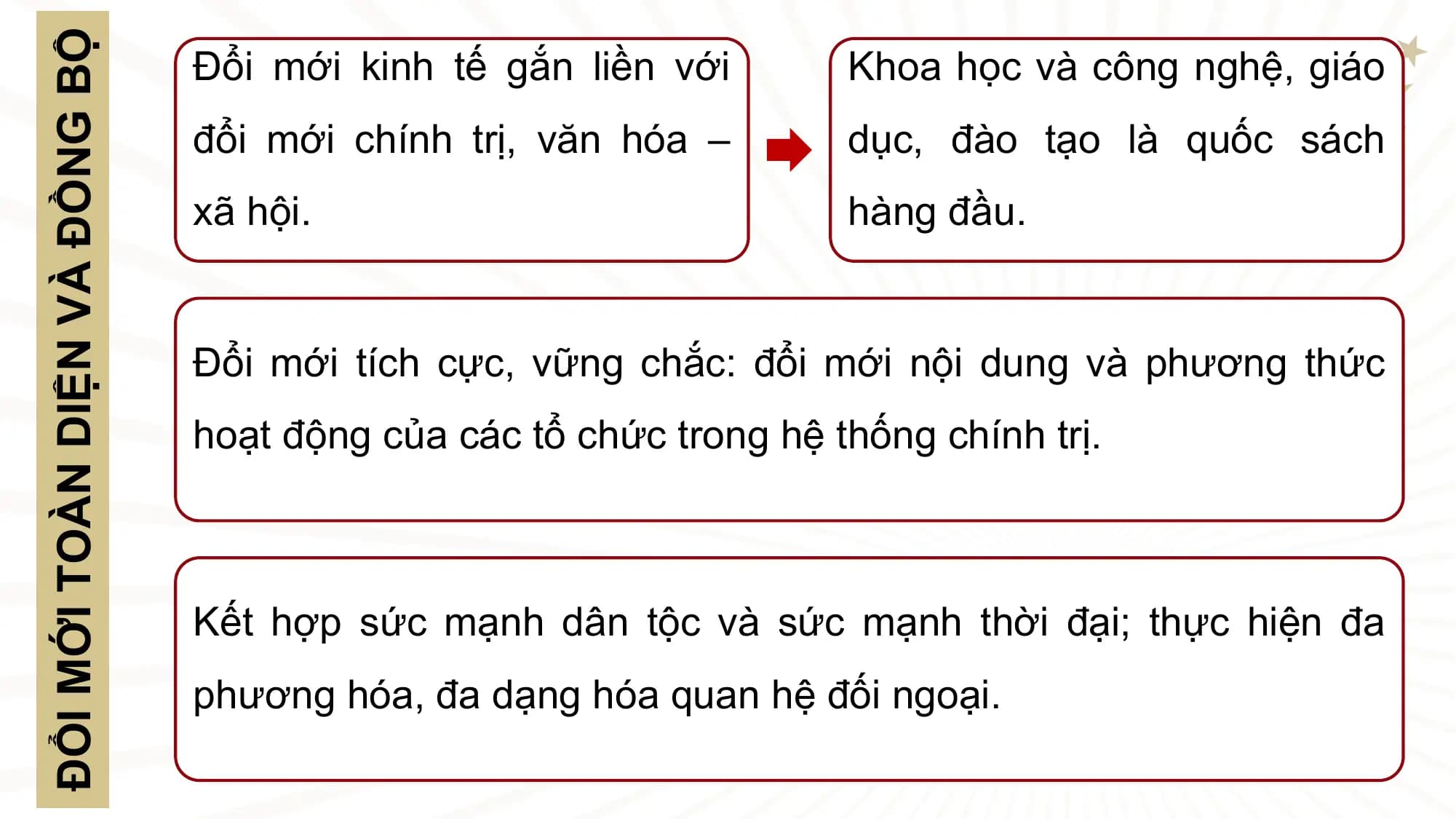 ĐỔI MỚI TOÀN DIỆN VÀ ĐỒNG BỘ Đổi mới kinh tế gắn liền với Khoa học và công nghệ, giáo
 đổi mới chính trị, văn hóa – dục, đào tạo là quốc sách
 xã hội. hàng đầu.

 Đổi mới tích cực, vững chắc: đổi mới nội dung và phương thức
 hoạt động của các tổ chức trong hệ thống chính trị.

 Kết hợp sức mạnh dân tộc và sức mạnh thời đại; thực hiện đa
 phương hóa, đa dạng hóa quan hệ đối ngoại.