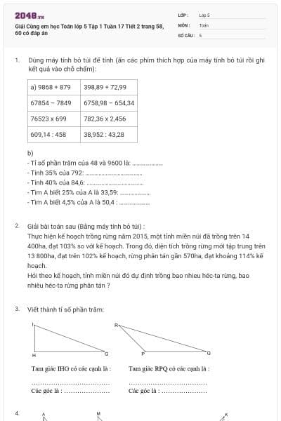 Giải Cùng em học Toán lớp 5 Tập 1 Tuần 17 Tiết 2 trang 58, 60 có đáp án