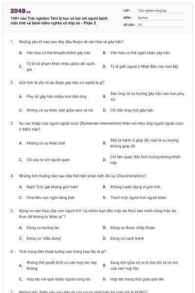 100+ câu Trắc nghiệm Tâm lý học xã hội với người bệnh mãn tính và bệnh hiểm nghèo có đáp án - Phần 5