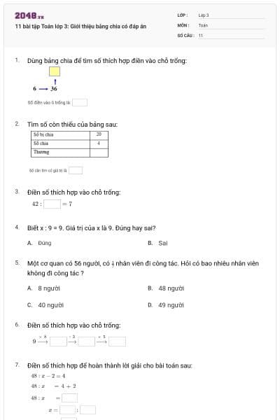 11 bài tập Toán lớp 3: Giới thiệu bảng chia có đáp án