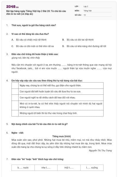 Bài tập hàng ngày Tiếng Việt lớp 2 Bài 20: Từ chú bồ câu đến in-tơ-nét (có đáp án)