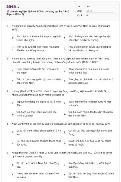 15 câu trắc nghiệm Lịch sử 9 Chân trời sáng tạo Bài 19 có đáp án (Phần 2)