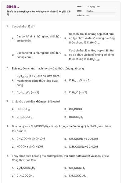 Bộ đề thi thử Đại học môn Hóa học mới nhất có lời giải (Đề 1)