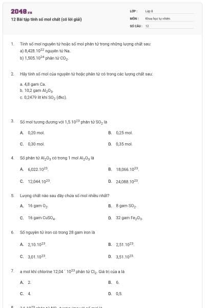12 Bài tập tính số mol chất (có lời giải)