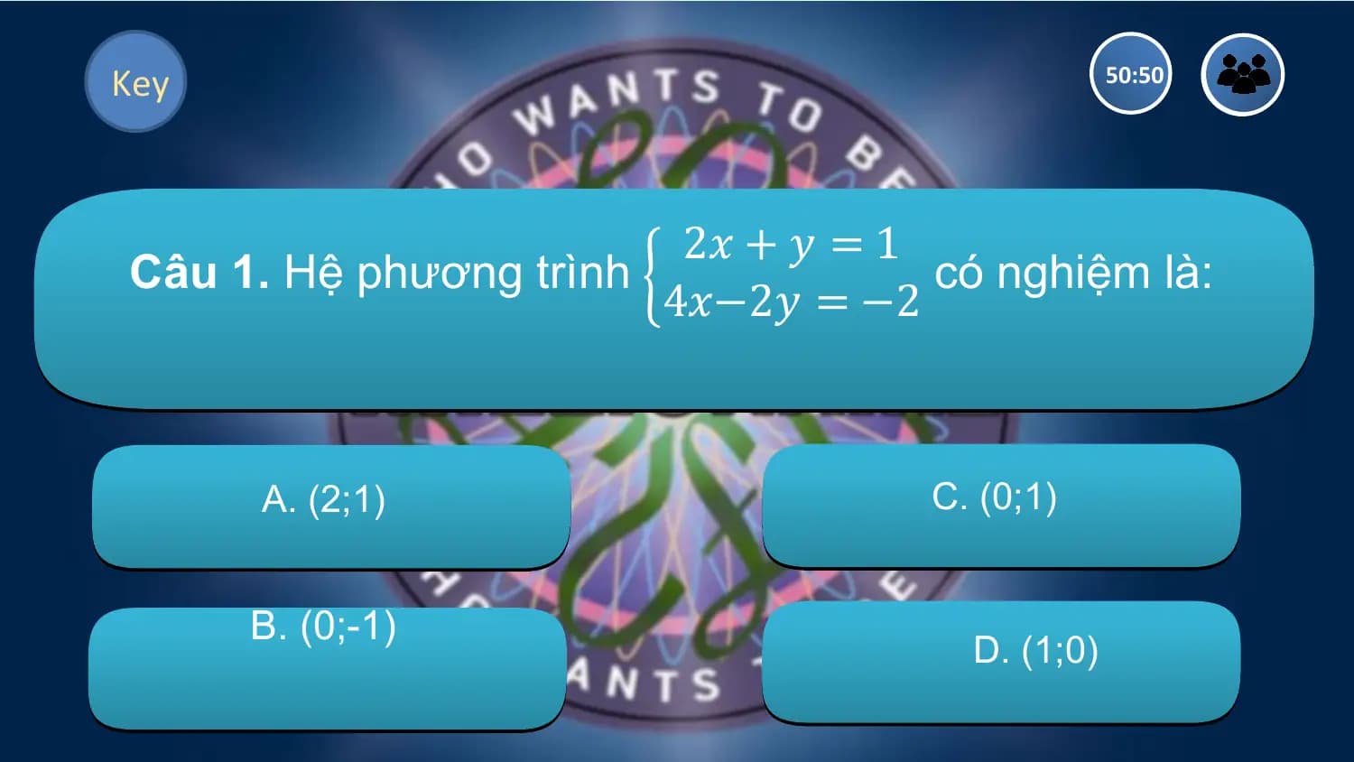 Key 50:50

 2𝑥 + 𝑦 = 1
Câu 1. Hệ phương trình có nghiệm là:
 4𝑥−2𝑦 = −2

 A. (2;1) C. (0;1)

 B. (0;-1)
 D. (1;0)